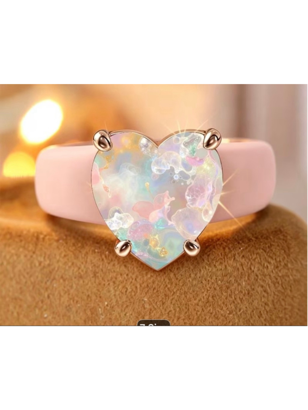 Exquisite Women's Ring with Dreamy Iridescent Heart, Gentle Pink Band